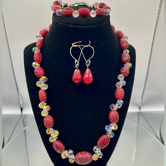 Artisan Crafted Jewelry - Ruby! Earth Mined Carved Genuine Red Ruby with Faceted Crystal Beads Jewelry Set